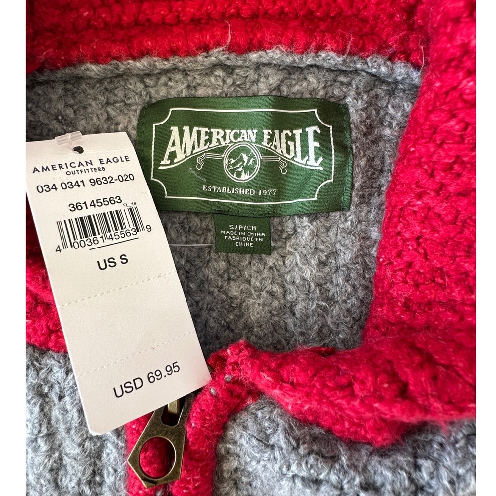 American Eagle Outfitters Cardigan Sweater Gray‎ Red S Full Zip Varsity Academia - Picture 2 of 6